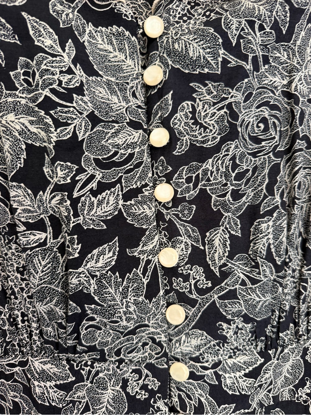 Vintage Jane Singer Black Cream Floral Cottagecore Button Front Midi Dress - Picture 7 of 14